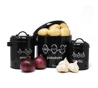 joeji's Kitchen rangement pomme de terre oignon ail Lot de 3,Métal boite oignons ail echalotte avec couvercle avec circulation d'air à 360°- Rangement Pomme de Terre - Noire