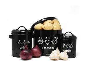 joeji's Kitchen rangement pomme de terre oignon ail Lot de 3,Métal boite oignons ail echalotte avec couvercle avec circulation d'air à 360°- Rangement Pomme de Terre - Noire
