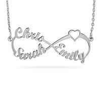 JOELLE JEWELRY Collier De Nom De Famille Infini Personnalisé en Argent Sterling 925 avec Coeur Découpé Fait sur Commande avec 3 Noms