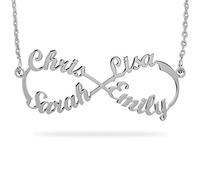 JOELLE JEWELRY Collier De Nom De Famille Infini Personnalisé en Argent Sterling 925 avec Coeur Découpé Fait sur Commande avec 4 Noms