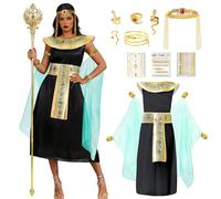Joellfuner 6 Pièces Déguisement Cléopâtre Femme, Déguisement Cléopâtre avec Diadème, Bracelet Serpent et Bague, Costume Carnaval Femme pour le Carnaval, Cosplay et Fêtes Costumées (Noir, XL)