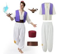 Joellfuner Costume Aladin Homme - Déguisement Prince Arabe avec Pantalon, Lampe, Gilet et Chemise, Chapeau pour Fête de Carnaval