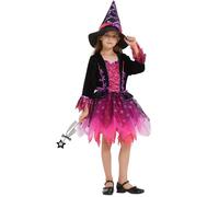 Joellfuner Costume Sorcière Fille, Robe Sorcière Fille avec Chapeau et Baguette Magique, Costume de Sorcière Violet Jupe en Tulle, Deguisement Sorciere pour Enfant Cosplay Halloween Carnaval (100)
