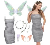 Joellfuner Déguisement Ailes de Fée Femme, Ailes De Papillon Adulte avec Robes, Oreilles Elfe, Anneau de Fleur pour Halloween Carnaval Cosplay (Blanc, XL)