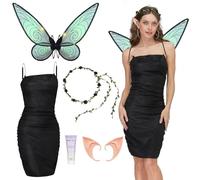 Joellfuner Déguisement Ailes de Fée Femme, Ailes De Papillon Adulte avec Robes, Oreilles Elfe, Anneau de Fleur pour Halloween Carnaval Cosplay (Noir, M)