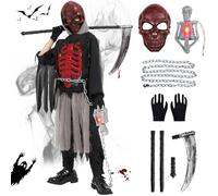Joellfuner Déguisement Faucheuse Enfant, Costume de Faucheuse pour Enfants avec Masque Faucheuse, Gants, Faux, Chaîne de Taille, Déguisement Squelette Enfant pour Fête D'Halloween Cosplay (L(10-12))