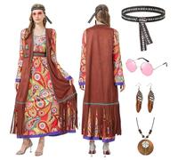 Joellfuner Deguisement Hippie Femme, Costume Hippie Femme avec Gilet Hippie, Costume Hippie des Années 60 et 70 avec Bandeau, Boucles d'oreilles, Tenue Rétro Hippie pour Cosplay Carnaval (floride, M)