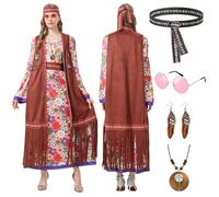 Joellfuner Deguisement Hippie Femme, Costume Hippie Femme avec Gilet Hippie, Costume Hippie des Années 60 et 70 avec Bandeau, Boucles d'oreilles, Tenue Rétro Hippie pour Cosplay Carnaval (rose, L)