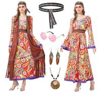Joellfuner Deguisement Hippie Femme, Costume Hippie Femme avec Gilet Hippie, Costume Hippie des Années 60 et 70 avec Bandeau, Boucles d'oreilles, Tenue Rétro Hippie pour Cosplay Carnaval (floride, L)
