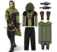 Joellfuner Déguisement Robin des Bois Homme, Creations Renaissance Robin Hood, Green Archer Costume avec Sac de flèche, Ceinture, Couvre-bottes, for Costume médiéval Mardi Gras Dress Up Party (XL)