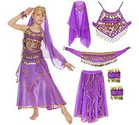 Joellfuner Fille Belly Dance Costumes Enfants, Costume Danse Orientale Enfant, Costume de Danseuse du Ventre avec Voile, Ceinture, Bracelet, Robes de Carnaval de Performance de Danse (Pourpre, M)