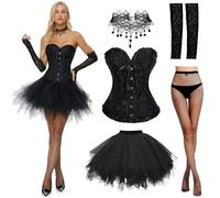 Joellfuner Halloween Deguisement Femmes, Corset et 45cm Jupe Tulle 50s Noir, Gothique Overbust Top Bustier Dentelle, Ballet Tutu Accessoires pour Femmes Carnaval Cosplay Fête (2XL)