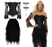 Joellfuner Halloween Deguisement Femmes, Corset et 76cm Jupe Tulle 50s Noir, Gothique Overbust Top Bustier Dentelle, Accessoires Jupes pour Femmes Carnaval Cosplay Fête (S)