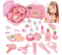 Joellfuner Maquillage Enfant Fille en Bois, Coffret Maquillage Enfant, avec Tatouage Temporaire et Élastique, Trousse de Maquillage Fraise, Jeux de Maquillage, Anniversaire Cadeau Fille 3 4 5 6 7 Ans