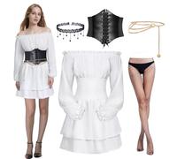 Joellfuner Robe Médiévale pour Femmes, Robe Blanche Pirate pour Femme, Épaules Dénudées Rétro Renaissance Deguisement avec Ceinture Corset, Chaîne de Taille et Bas de Soie pour Carnaval Halloween