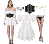 Joellfuner Robe Médiévale pour Femmes, Robe Blanche Pirate pour Femme, Épaules Dénudées Rétro Renaissance Deguisement avec Ceinture Corset, Chaîne de Taille et Bas de Soie pour Carnaval Halloween