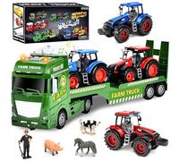 Joellfuner Tracteur Jouet Enfant, Remorque de Tracteur Amovible avec Sons, Lumières, Fermier et Animaux, Grand Camion Transporteur Voiture avec Hayon Rabattable, Cadeau pour Garçon Fille 3 4 5 6 Ans