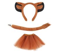 JOERBABU Serre-tête, ensemble de cosplay lions, oreilles de chien, faux nez, jupe en maille marron, queue en peluche, nœud papillon, bandeau d'oreille de lion pour Halloween