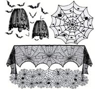 JOERRES 6Pcs Décorations Halloween,Nappe Ronde Dentelle Halloween,Nappe Rectangulaire Dentelle Toile Daraignée Spooky Bat Écharpe Cheminée Abat-Jour Araignée avec 12 Pcs Effrayant 3D Bat
