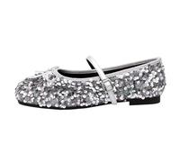 JOEupin Mary Jane Ballerines plates à paillettes confortables à bout rond et sangle de cheville réglable pour femme, Argenté, 36 EU