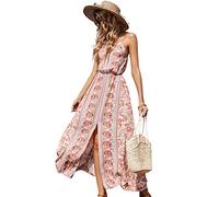 JOEupin Robe longue dos nu à imprimé floral pour femme, rose, Taille S