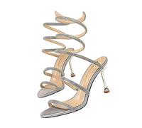 JOEupin Sandales à talons hauts avec strass et sangle à la cheville pour femme, argent, 38 EU