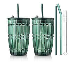 Joeyan 2 Pcs 430ml Vert Verre avec Couvercle et Paille,Nervuré Gobelet de Voyage de Conception Hermétique et étanche,Verre à Smoothie,Tasse à Café,pour Milkshakes Jus Thé,Lavable au lave-Vaisselle