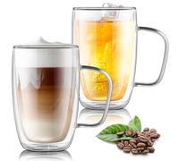 Joeyan 2x500ml Grande Gobelet Double Paroi,Grosse Tasse à Café avec poignee,Verre a Biere,Mug xxl Transparent,Extra Large Verre Borosilicaté Thermiques, pour Latte macchiato,Thé,Smoothie,Matcha,Eau