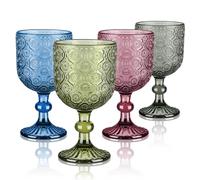 Joeyan 350ml Multicolor Verres à Vin Rouge,Rétro Relief en Florale Lot de 4 | Colorés Verre a Pieds Cristal, Design Baroque Vintage Gobelets para Eau pour Boire Jus apero aperitif,Passe au Lave-Vaisselle