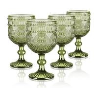 Joeyan 350ml Vert Verres à Vin Vintage, Lot de 4 Colorés Verre a Pieds Relief en Florale, Design Baroque Rétro Gobelets Eau pour Rouge Boire Boissons Jus apero aperitif, Passe au Lave-Vaisselle