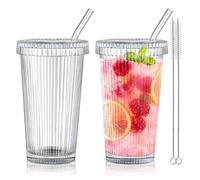 Joeyan 375ml Lot de 2 verres à boire en verre clair Ripple avec paille en verre et couvercle, pour boissons glacées, café, boissons aux fruits et thé, pour maison, cuisine et bureau