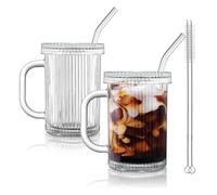 Joeyan 390ml Lot de 2 verres à boire en verre clair Ripple avec paille en verre et couvercle et Poignée, pour boissons glacées, café, boissons aux fruits et thé, pour maison, cuisine et bureau