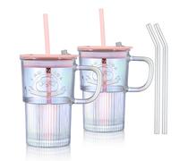 Joeyan 430ml 2 Pcs Irisé Verre avec Couvercle Anse et Paille,Motif de Panda | Réutilisable Gobelet Bubble Tea, Aesthetic Mug à Smoothie,Tasse pour Café,Matcha,Milkshakes,Jus,Thé,Lavable au lave-Vaisselle