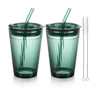 Joeyan 450ml Gobelets en Verre Avec Couvercle et Paille - Lot de 2 Portatifs Verts, Conception Hermétique et Étanche pour Café, Thé, Smoothie - Passe au Lave-vaisselle
