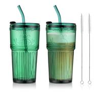 Joeyan 550ml Lot de 2 Verres en Eau Vert avec Paille et Couvercle,Gobelets de Conception Hermétique et étanche,Verre à Boire Motif Relief Baleine pour smoothies,du café glacé,des boissons thé glacé