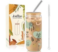 Joeyan 600ml Verre Bubble Tea avec Paille et Couvercle, Gobelet à Café Glacé Boho Fleurs avec Attrape-Rêves & Fer à Cheval Porte-Bonheur, Smoothie Cup Pour Matcha Latte,Milkshake,Cocktail,Cadeau Femme
