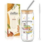 Joeyan 600ml Verre Bubble Tea avec Paille et Couvercle,Joli Matcha Latte Gobelet à Fleurs,Book Lovers Cadeau pour Amoureux des Livres,Lecteur,Rats de Bibliothèque,Enseignants,Bibliothécaires,Écrivains