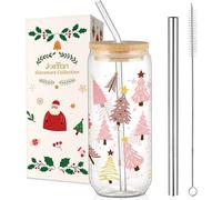Joeyan 600ml Verres à Boire de Noel Avec Couvercles et Paille, 20oz Verre à Eau en Rose Sapin de Noël,Tasse a Cafe Chaud, Gobelet Pour Biere,Matcha Latte,Bubble Tea,Smoothie, Cadeau Féminin Populaire