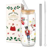 Joeyan 600ml Verres à Boire de Noel Avec Couvercles et Paille, Verre à Eau en Motif Casse-Noisettes, Gobelet a Cafe Chaud Pour Biere,Matcha Latte,Bubble Tea,Smoothie,Cadeau pour Papa,Mères,Amies