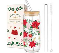 Joeyan 600ml Verres à Boire de Noel Avec Couvercles et Paille,Verre à Eau Motifs Fleurs Poinsettia Rouges,Tasse a Cafe Chaud,Pour Matcha Latte,Bubble Tea,Smoothie,Cadeau pour Femme, Maman, Amie