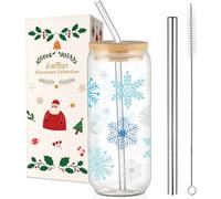 Joeyan 600ml Verres à Boire de Noel Avec Couvercles et Paille, Verre à Eau Motifs Flocons de Neige,Tasse a Cafe Chaud,Pour Biere,Matcha Latte,Bubble Tea,Smoothie,Beau Cadeau Festif Femme/Maman/Amie