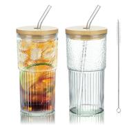 Joeyan 720ml Verres à avec Paille et Couvercle en Bambou, Set de 2 Grandes Tasses à Bubble tea, Gobelets à Striés pour café glacé,Smoothie,matcha,cocktail - Bureau Voyage, Lavable au lave-vaisselle