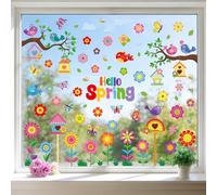 Joeyan 9 Feuilles Stickers Printemps Fenetre Statique, 127 PCS Autocollant Gommettes Réutilisable Double Face avec Fleurs, Oiseaux et Abeilles, Cadeau Enfant DIY Décor Magasin,Maison,École,Vitre
