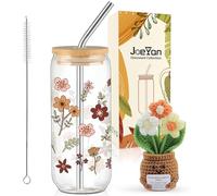 Joeyan Coffret Cadeau Femme,600ml Boho Verre Matcha avec Paille et Couvercle & Positive Fleur au Crochet À La Main,Cadeau Motivationnel pour Femme,Fille,Sœur,Ami,Enfant,Ado,Collegue,Déco Maison Bureau
