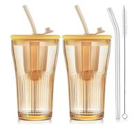 Joeyan Lot de 2 Ambrés Verre avec Paille et Couvercle, 450ml Grand Gobelet,Tasses à Café Glacé Nervurées, Verre a Eau avec infuseur à thé pour bubble tea matcha limonade,Lavable au Lave-vaisselle