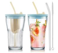 Joeyan Lot de 2 Transparent Verre avec Paille et Bleu Couvercle, 450ml Gobelet,Tasses à Café Glacé Nervurées,Verre a Eau avec infuseur à thé pour bubble tea matcha limonade,Passent au Lave-vaisselle