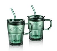 Joeyan Lot de 2 Verre à Eau Vert avec Couvercle et Paille,450ml Gobelets de conception hermétique et étanche,Tasse à Café avec Poignée, Verre à Boire pour Latte glacé, thé, jus,Passe au Lave-vaisselle