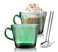 Joeyan Lot de 2 Vert Tasse à café avec Poignée Cuillère,Grande 450ml | Verres à Rayures Verticales,Tasses à Expresso,Verres Nervurés pour lattes,Cappuccino, thé, boissons,Lavable au Lave-vaisselle