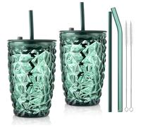 Joeyan Lot de 2 Vert Verre avec Couvercle et Paille, 430ml Gobelet de Voyage de Conception Hermétique et étanche avec Motif de Diamant, Verre à Smoothie,Tasse à Café Glacé,Lavable au lave-Vaisselle