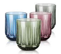 Joeyan Lot de 4 Multicolore Verres à Boire,260ml Verres à Eau Décoré en Strié Relief,Moderne Verre de Table Pour Eau Gazeuse,Jus de Fruits,Apéritif et Bière,Lavable Lave-Vaisselle(Bleu Gris Vert Rose)